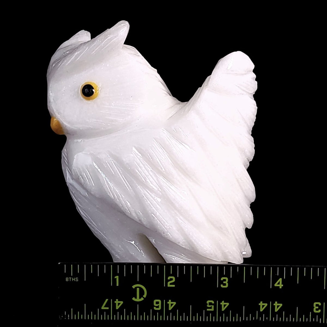 White Snowy Owl Carving With Open Wing, Gemstone Owl Crystal Art - Earth Perfection