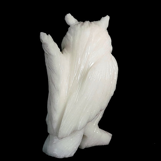 White Snowy Owl Carving With Open Wing, Gemstone Owl Crystal Art - Earth Perfection