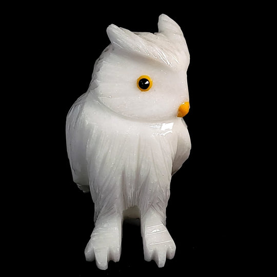 White Snowy Owl Carving With Open Wing, Gemstone Owl Crystal Art - Earth Perfection