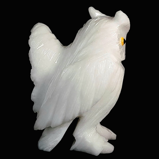 White Snowy Owl Carving With Open Wing, Gemstone Owl Crystal Art - Earth Perfection