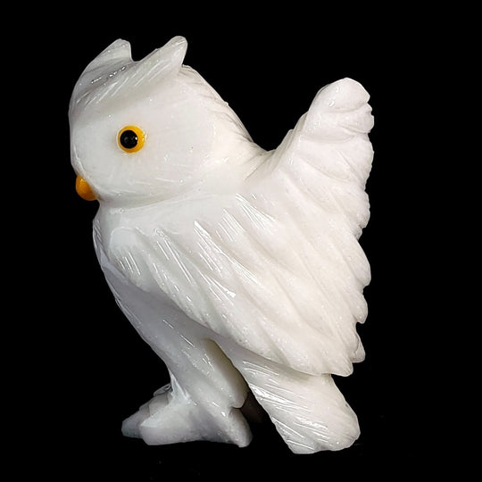 White Snowy Owl Carving With Open Wing, Gemstone Owl Crystal Art - Earth Perfection