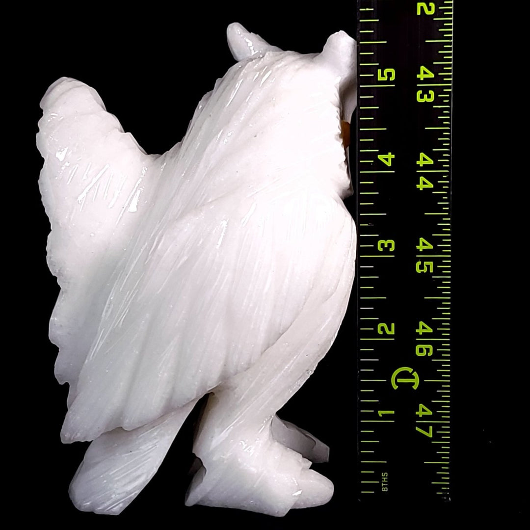 White Snowy Owl Carving With Open Wing, Gemstone Owl Crystal Art - Earth Perfection