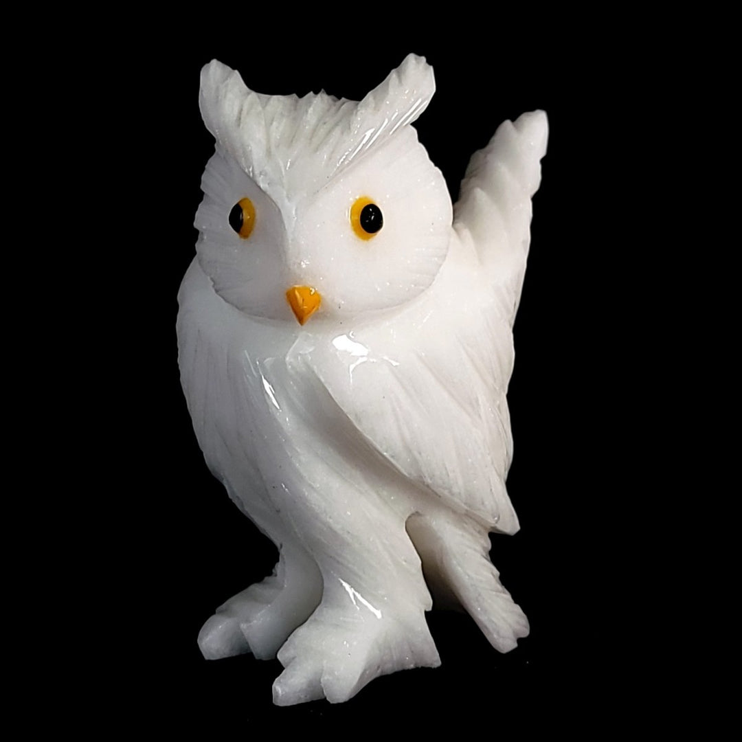 White Snowy Owl Carving With Open Wing, Gemstone Owl Crystal Art - Earth Perfection